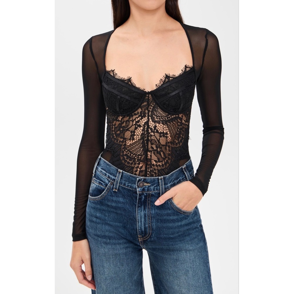Bardot Black Lace Long Sleeve Bodysuit Underwire Mesh Open Back Size S US 4